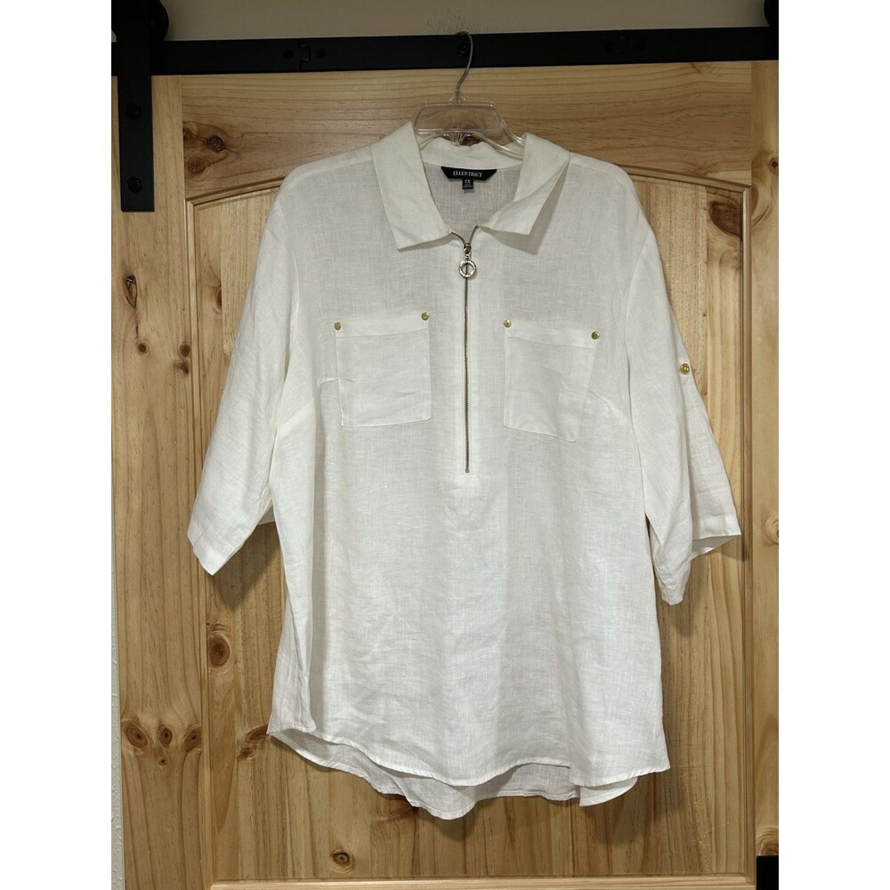 Ellen Tracy Linen Shirt NWOT White 3/4 Sleeves Zipper Roll Sleeves Size 2XL